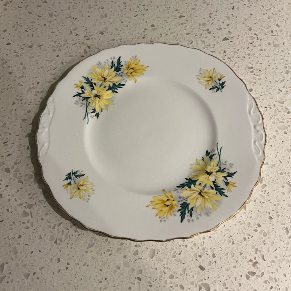 Vintage White Porcelain Dinner Plate with Yellow Floral Design and Gold Trim